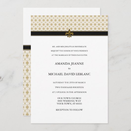Black Gold Fleur de Lis Pattern Wedding Invitation Kaart (Voorkant / Achterkant)