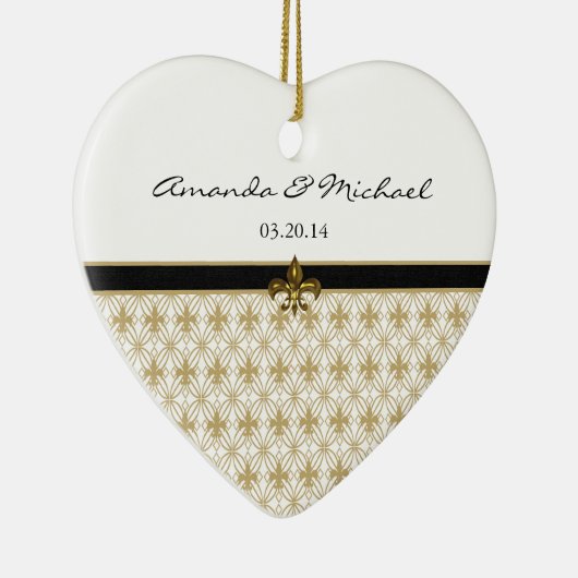 Black Gold Fleur de Lis Pattern Wedding Keramisch Ornament (Rechts)