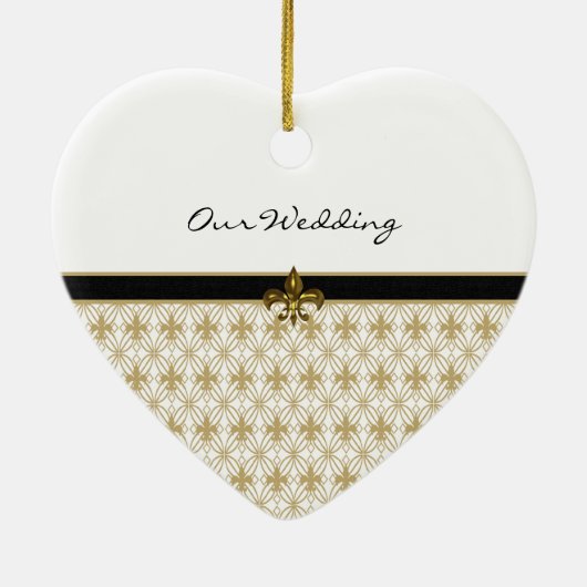 Black Gold Fleur de Lis Pattern Wedding Keramisch Ornament (Achterkant)