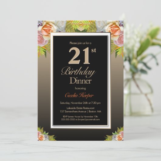 Black Gold Floral 21st Birthday Dinner Kaart (Staand voorkant)