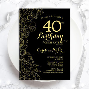 Black Gold Floral 40th Birthday Party Invitation Kaart
