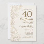 Black Gold Floral 40th Birthday Party Kaart (Voorkant)