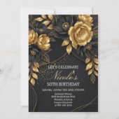 Black & Gold Floral 50th Birthday Kaart (Voorkant)