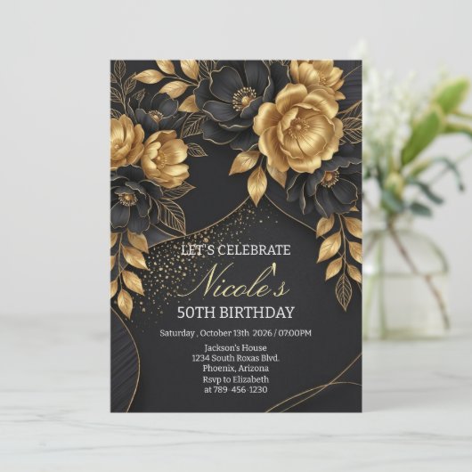 Black & Gold Floral 50th Birthday Kaart (Staand voorkant)