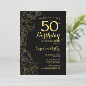 Black Gold Floral 50th Birthday Party Invitation Kaart (Staand voorkant)
