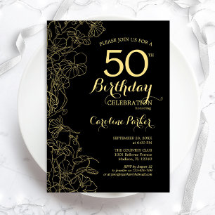 Black Gold Floral 50th Birthday Party Invitation Kaart