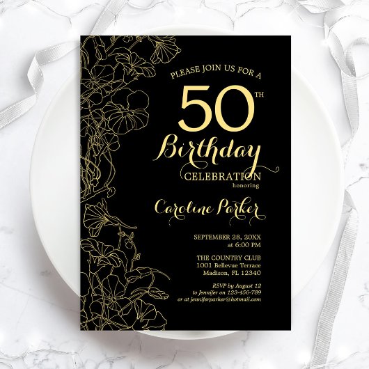 Black Gold Floral 50th Birthday Party Invitation Kaart