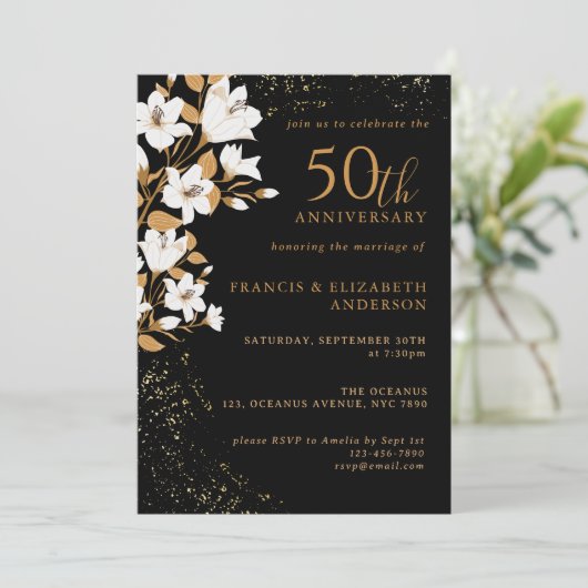 Black Gold Floral 50th Wedding Jubileum Kaart (Staand voorkant)