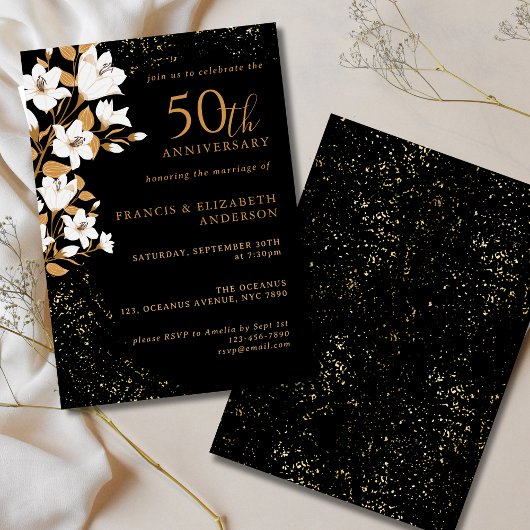 Black Gold Floral 50th Wedding Jubileum Kaart