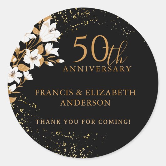 Black Gold Floral 50th Wedding Jubileum Ronde Sticker (Voorkant)