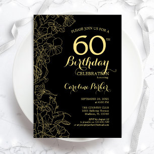 Black Gold Floral 60th Birthday Party Invitation Kaart