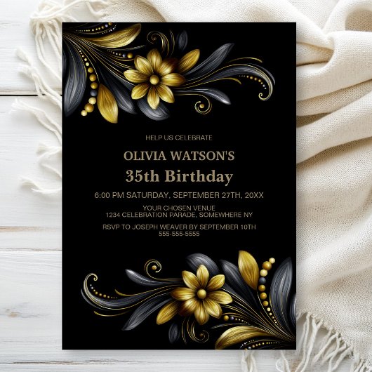 Black Gold Floral Birthday Party Kaart