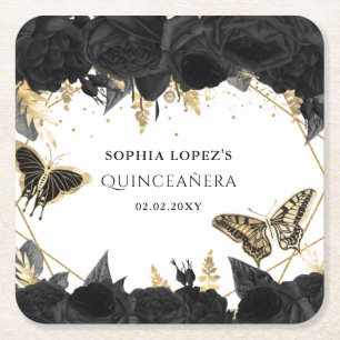 Black Gold Floral Butterflies Quinceanera Kartonnen Onderzetters
