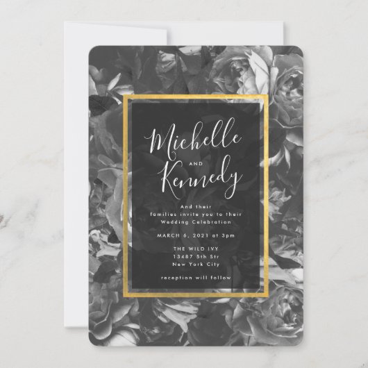 Black Gold Floral Calligraphy Wedding Invitation Kaart (Voorkant)