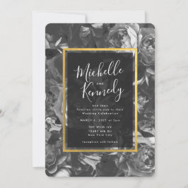 Black Gold Floral Calligraphy Wedding Invitation Kaart