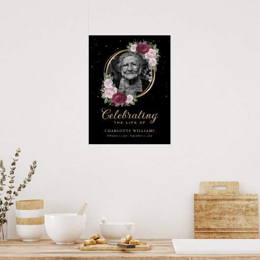 Black Gold Floral Celebration of Life Funeral Sign Poster (Keuken)