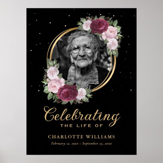 Black Gold Floral Celebration of Life Funeral Sign Poster (Voorkant)
