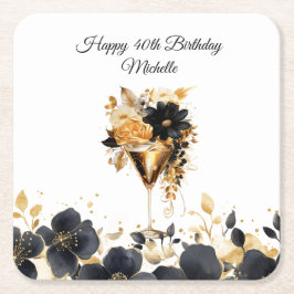 Black Gold Floral Cocktail Drinks 40th Birthday Kartonnen Onderzetters