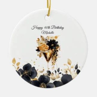 Black Gold Floral Cocktail Drinks 40th Birthday Keramisch Ornament