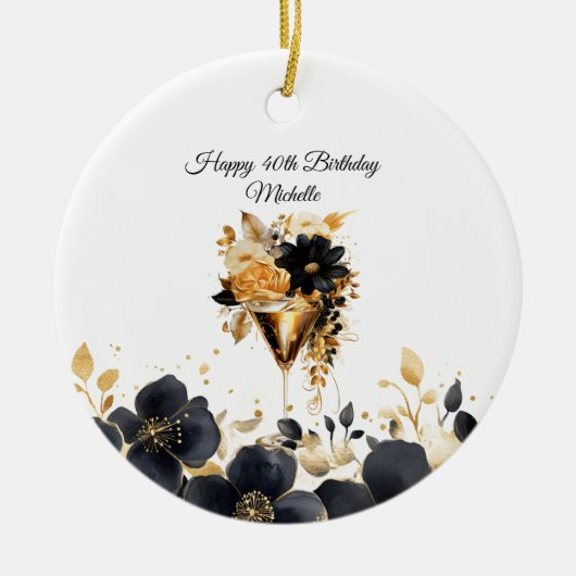 Black Gold Floral Cocktail Drinks 40th Birthday Keramisch Ornament (Voorkant)