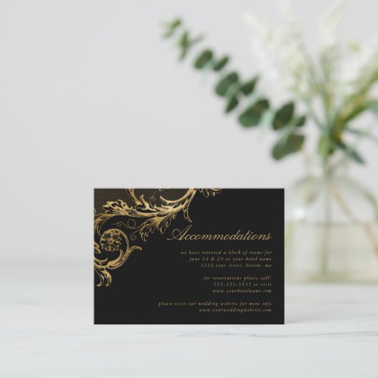  Black Gold Floral Damask Accommodations Informatiekaartje (Staand voorkant)