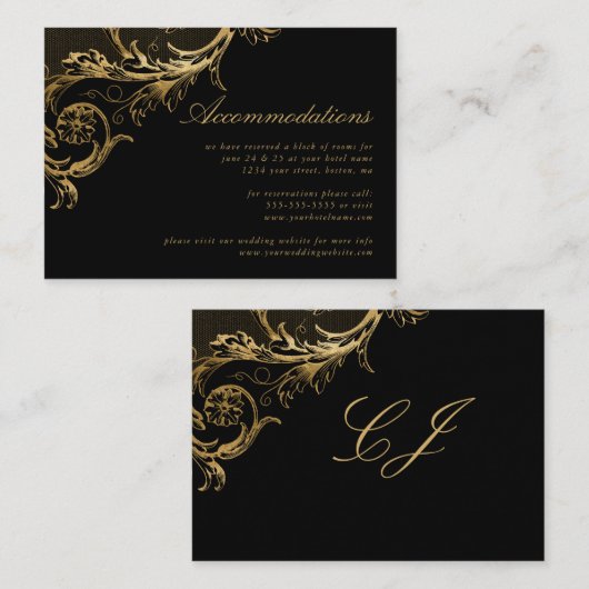  Black Gold Floral Damask Accommodations Informatiekaartje (Voorkant / Achterkant)