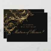 Black Gold Floral Damask Matron of Honor Kaart (Voorkant / Achterkant)
