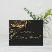 Black Gold Floral Damask Matron of Honor Kaart (Staand voorkant)