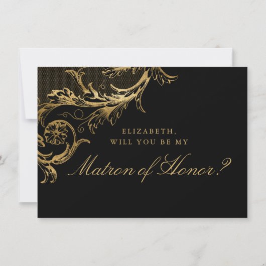 Black Gold Floral Damask Matron of Honor Kaart (Voorkant)
