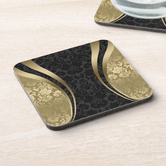 Black & Gold  Floral Damask Pattern Onderzetter (Linkerzijde)