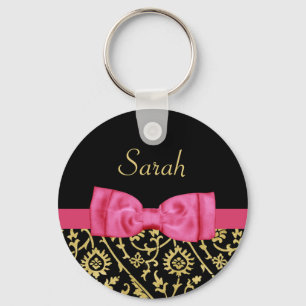 Black Gold Floral Damask Pink Bow and Chic Name Sleutelhanger