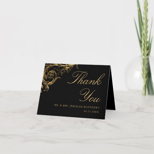 Black Gold Floral Damask Script Weduwschap Bedankkaart (Voorkant)