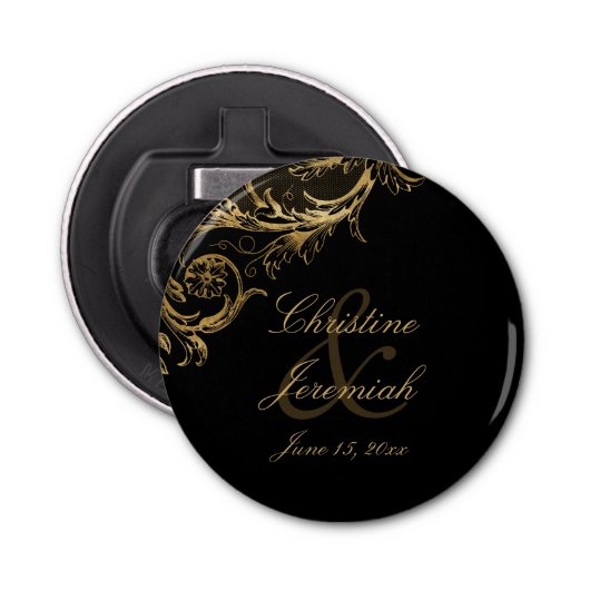  Black Gold Floral Damask Script Weduwschap Button Flesopener (Voorkant)