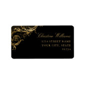  Black Gold Floral Damask Script Weduwschap Etiket (Voorkant)