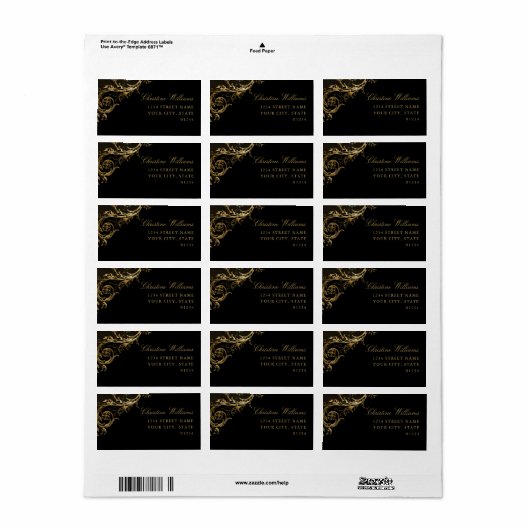  Black Gold Floral Damask Script Weduwschap Etiket (Full Sheet)