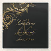  Black Gold Floral Damask Script Weduwschap Glazen Onderzetter (Voorkant)
