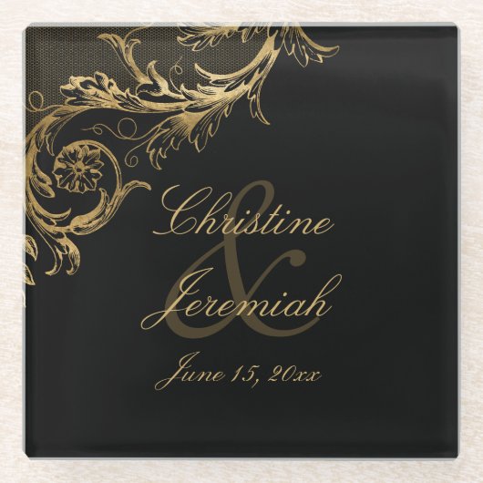  Black Gold Floral Damask Script Weduwschap Glazen Onderzetter (Voorkant)