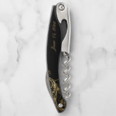 Black Gold Floral Damask Script Weduwschap Kurkentrekker (Achterkant)