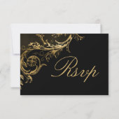  Black Gold Floral Damask Script Weduwschap RSVP Kaartje (Achterkant)