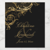  Black Gold Floral Damask Script Weduwschap Wijn Etiket (Enkel label)