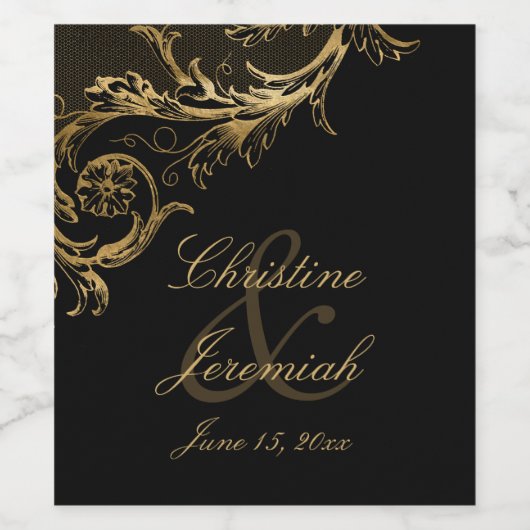  Black Gold Floral Damask Script Weduwschap Wijn Etiket (Enkel label)
