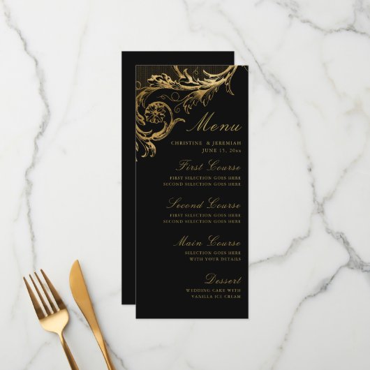 Black Gold Floral Damask Wedding Menu (Voorkant / Achterkant in situ)