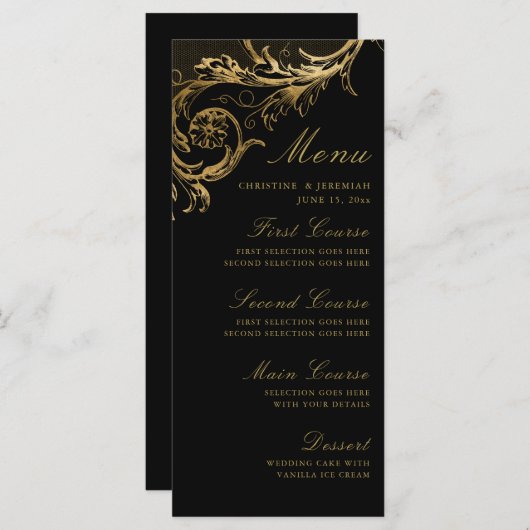 Black Gold Floral Damask Wedding Menu (Voorkant / Achterkant)