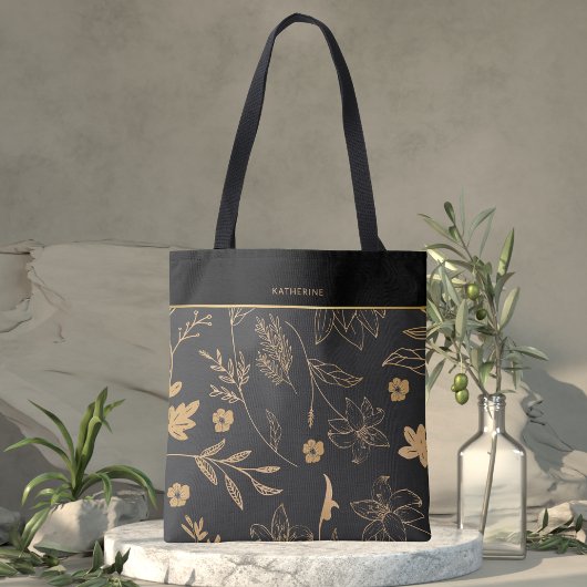 Black Gold Floral Elegant Trendy Stylish Tote Bag