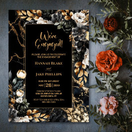 Black Gold Floral Engagement Party Kaart