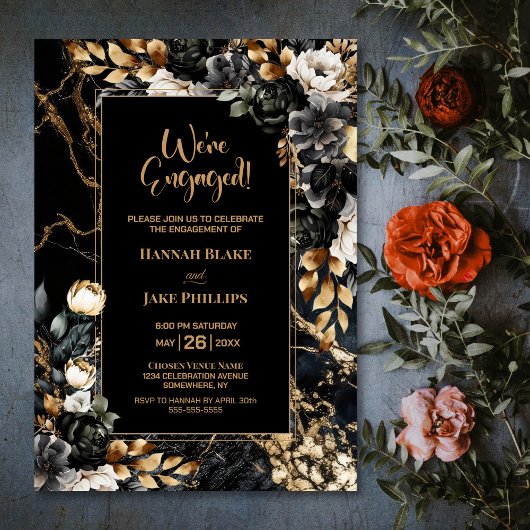Black Gold Floral Engagement Party Kaart