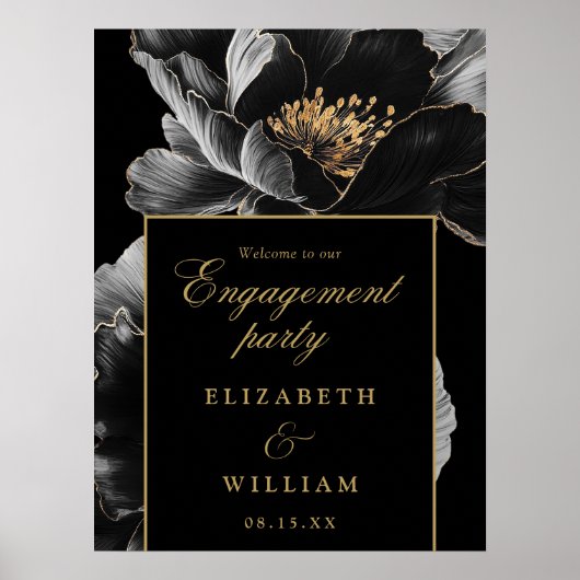 Black Gold Floral Engagement Party Welkomstbord Poster (Voorkant)