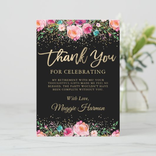 Black Gold Floral Enterprise Retirement Party Bedankkaart (Staand voorkant)