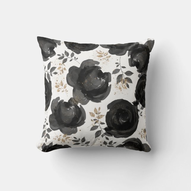 Black Gold Floral Glam Leaves Shabby Chic Kussen (Voorkant)