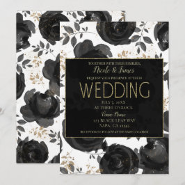 Black Gold Floral Glam Leaves Wedding Kaart